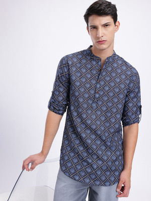 Anouk Rustic Men Printed Straight Kurta(Blue)