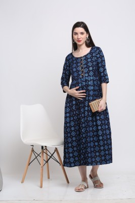 Henal Women Printed A-line Kurta(Dark Blue)