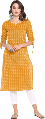 lakshgudi Women Printed Straight Kurta(Yellow, Beige)