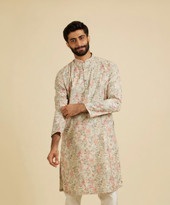 MANYAVAR Men Printed Straight Kurta(Orange)