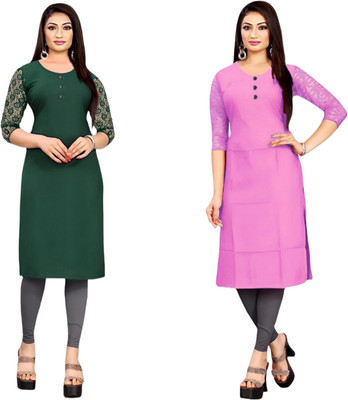 HouseOfCommon Women Solid Straight Kurta(Dark Green, Pink)