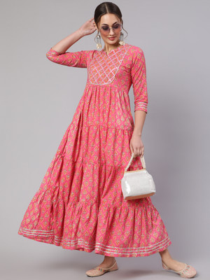 Navkriti Jaipur Women Floral Print Anarkali Kurta(Pink, Yellow)