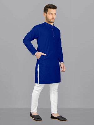Yanshcreation Men Solid Straight Kurta(Blue)