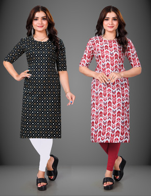 MOBHISA Women Printed Straight Kurta(Red)