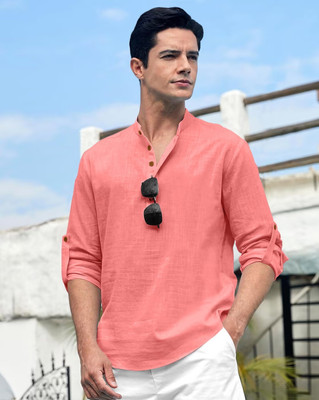 Radiance Creation Men Solid Straight Kurta(Pink)