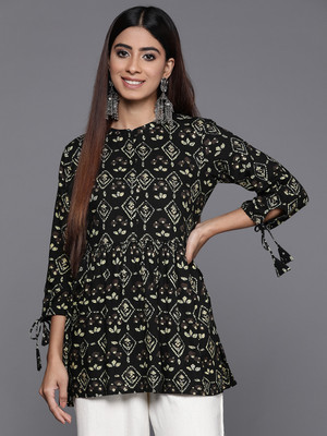 LIBAS Women Printed A-line Kurta(Black)