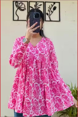 New RJP Craft Women Floral Print Flared Kurta(Pink)