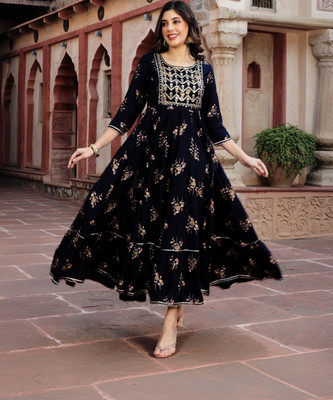 irtiqa Women Printed Anarkali Kurta(Black)