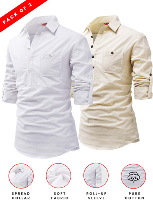 Yugnik Men Solid A-line Kurta(Beige, White)