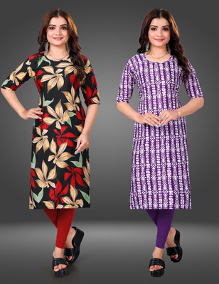 MOBHISA Women Printed Straight Kurta(Purple)