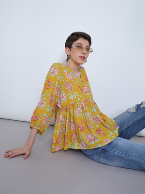LIMEROAD Women Floral Print A-line Kurta(Yellow)