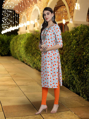 1 Stop Fashion Women Printed A-line Kurta(White, Orange)