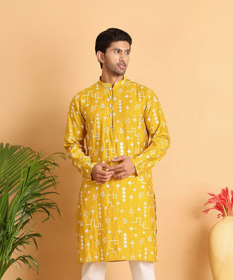 Jompers Men Embroidered Straight Kurta(Yellow)