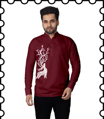 Kavyangle Creation Men Animal Print Straight Kurta(Maroon)