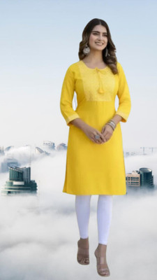 Sulagift Women Embroidered Straight Kurta(Yellow)