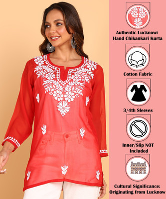 VAHSON Women Chikan Embroidery, Embroidered, Block Print, Self Design A-line Kurta(Red, White)