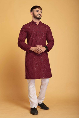 VISHESTA Men Self Design Straight Kurta(Maroon)