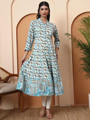 Yash Gallery Women Geometric Print Anarkali Kurta(Green)