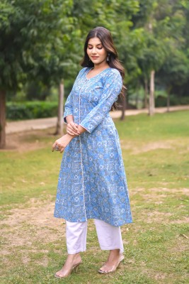 Vivika Women Printed A-line Kurta(Light Blue)