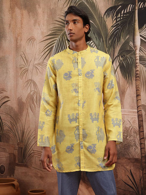 Sangria Men Printed Straight Kurta(Yellow)