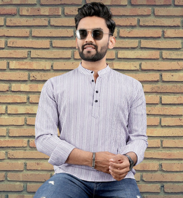 SHAJARA Men Striped Straight Kurta(Purple)