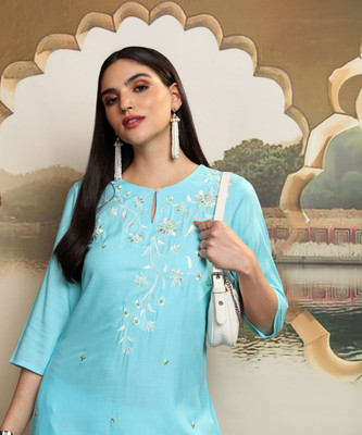Vishudh Women Embroidered A-line Kurta(Light Blue)