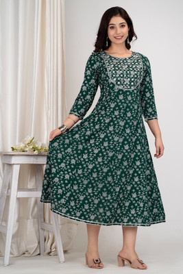 Sohani Fashion Women Embroidered, Floral Print Anarkali Kurta(Grey, Dark Green)