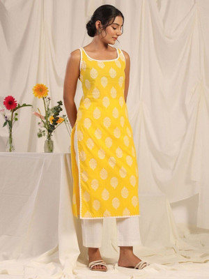 ANRP Women Block Print A-line Kurta(Yellow)