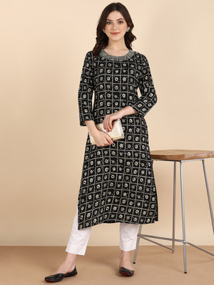 PinkTribe Women Printed Straight Kurta(Black)