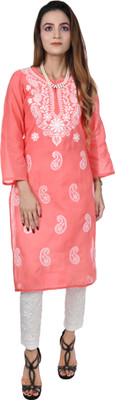 Mrs Right Women Chikan Embroidery Straight Kurta(Orange)