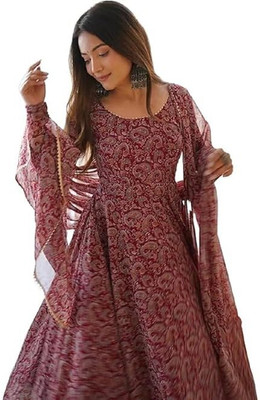 rankar Women Abstract Anarkali Kurta(Maroon)