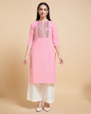 BESHASTUDIO Women Embroidered A-line Kurta(Pink)