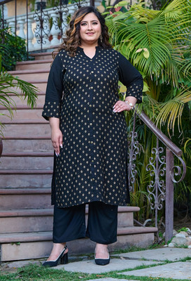 PrettyPlus by Desinoor.com Women Printed Straight Kurta(Black)