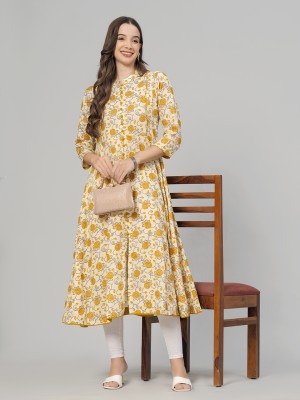Highlight fashion export Women Floral Print Flared Kurta(Yellow)