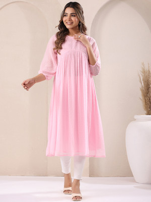 Janasya Women Self Design A-line Kurta(Pink)