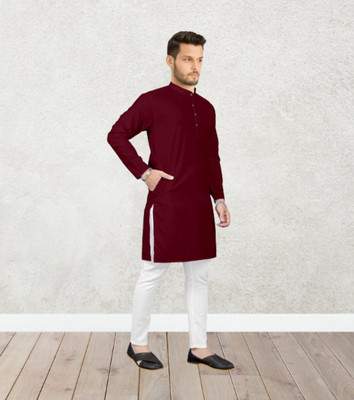 Shree Dutt Creation Men Solid Straight Kurta(Maroon)