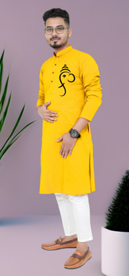Darckchil Fab Men Printed Straight Kurta(Yellow)