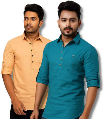 CROWNTAIL Men Solid Straight Kurta(Orange, Blue)