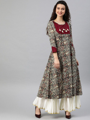 Yash Gallery Women Printed Anarkali Kurta(Maroon)