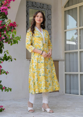 Anmi Printed Women Straight Kurta(Yellow)