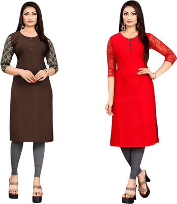 HOFC Women Solid Straight Kurta(Brown, Red)