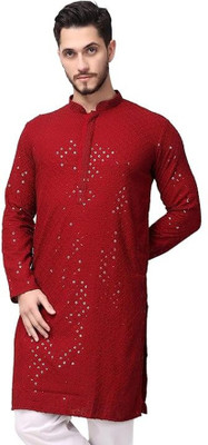 Metro Traders Men Embellished Straight Kurta(Maroon)