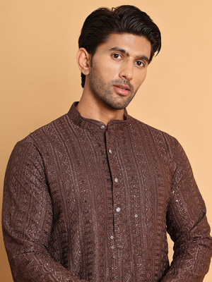 Jompers Men Embroidered Straight Kurta(Brown)