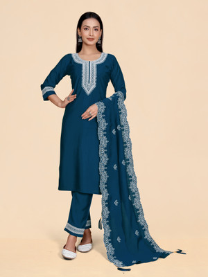 Flute Fashion Women Embroidered Straight Kurta(Blue)