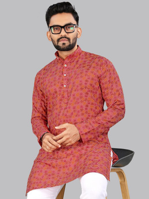 Svatantra Men Printed Straight Kurta(Red)