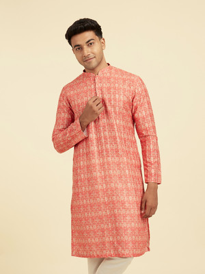 DIWAS by Manyavar Men Printed Straight Kurta(Pink)