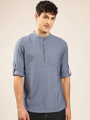 ANOUK Men Striped Straight Kurta(Blue)