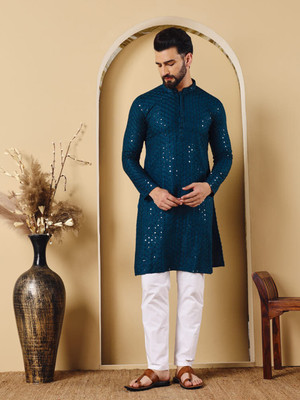 Kaashi Couture Men Self Design Straight Kurta(Dark Blue)