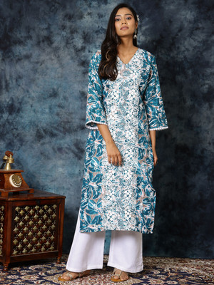 Youthnic Women Floral Print Straight Kurta(Blue)