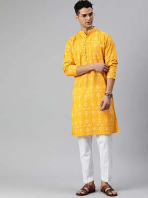 Majestic Man Men Printed Straight Kurta(Yellow)